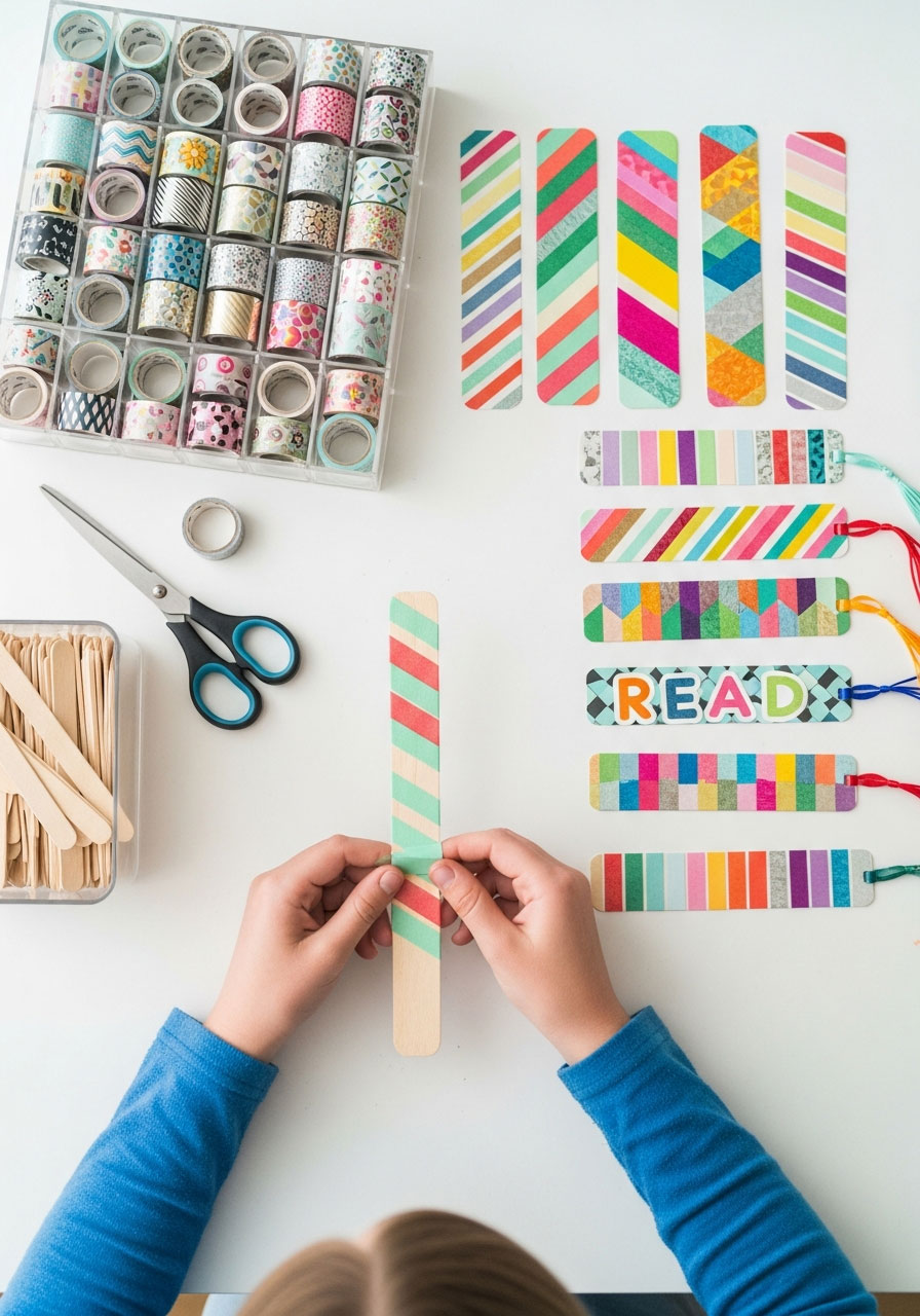 Tween creating colorful washi tape bookmarks on craft sticks at birthday party craft table