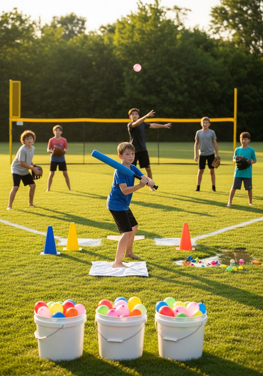 Kids playing water balloon baseball with foam bat and bases at summer birthday celebration
