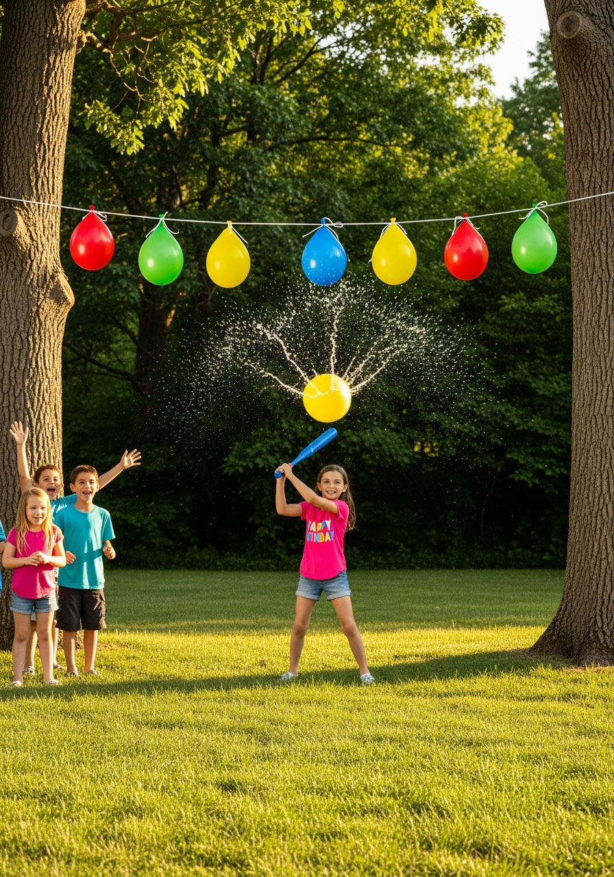 Kids playing water balloon piñata bash at outdoor summer birthday party with bat and hanging balloons