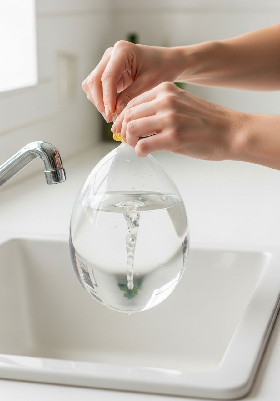 Hands tying water-filled latex balloon to create stable base weight for no-helium balloon column