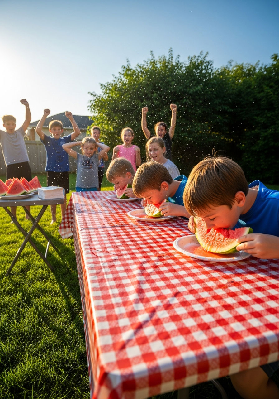 Children competing in hands-free watermelon eating contest at outdoor carnival birthday party with spectators cheering