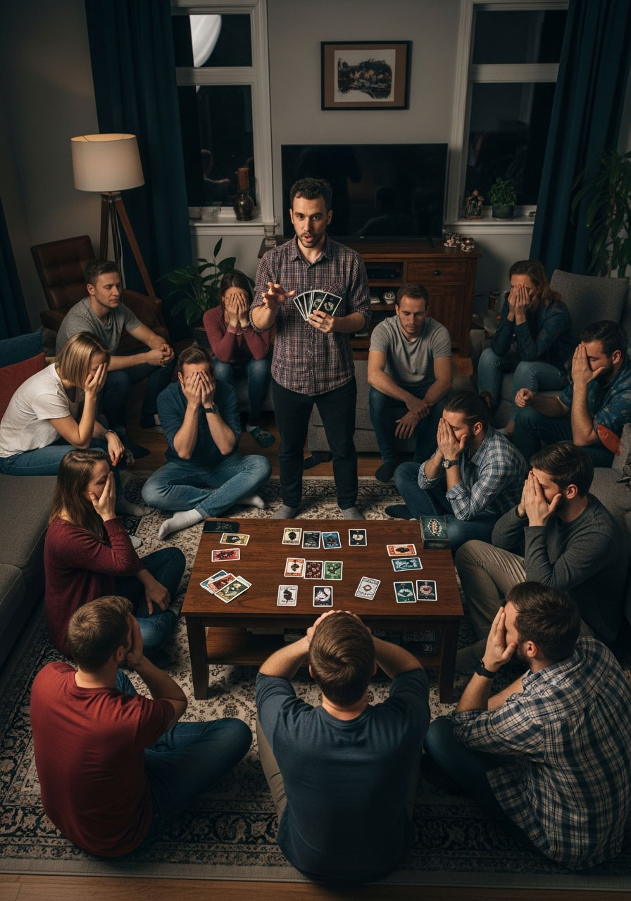 Group playing Werewolf social deduction game during night phase with moderator and players with eyes closed at birthday party