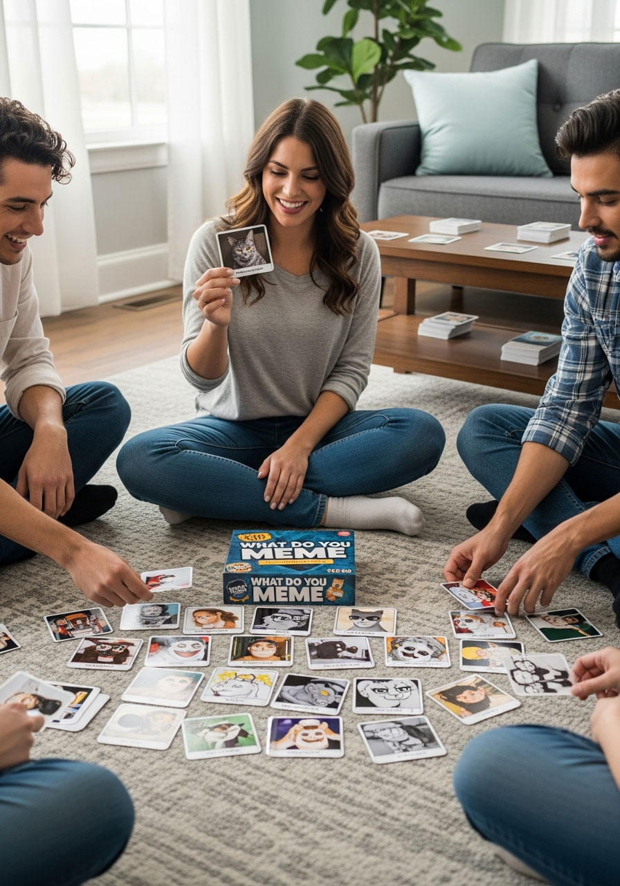 Group of friends playing What Do You Meme internet caption game at birthday party sitting on living room floor