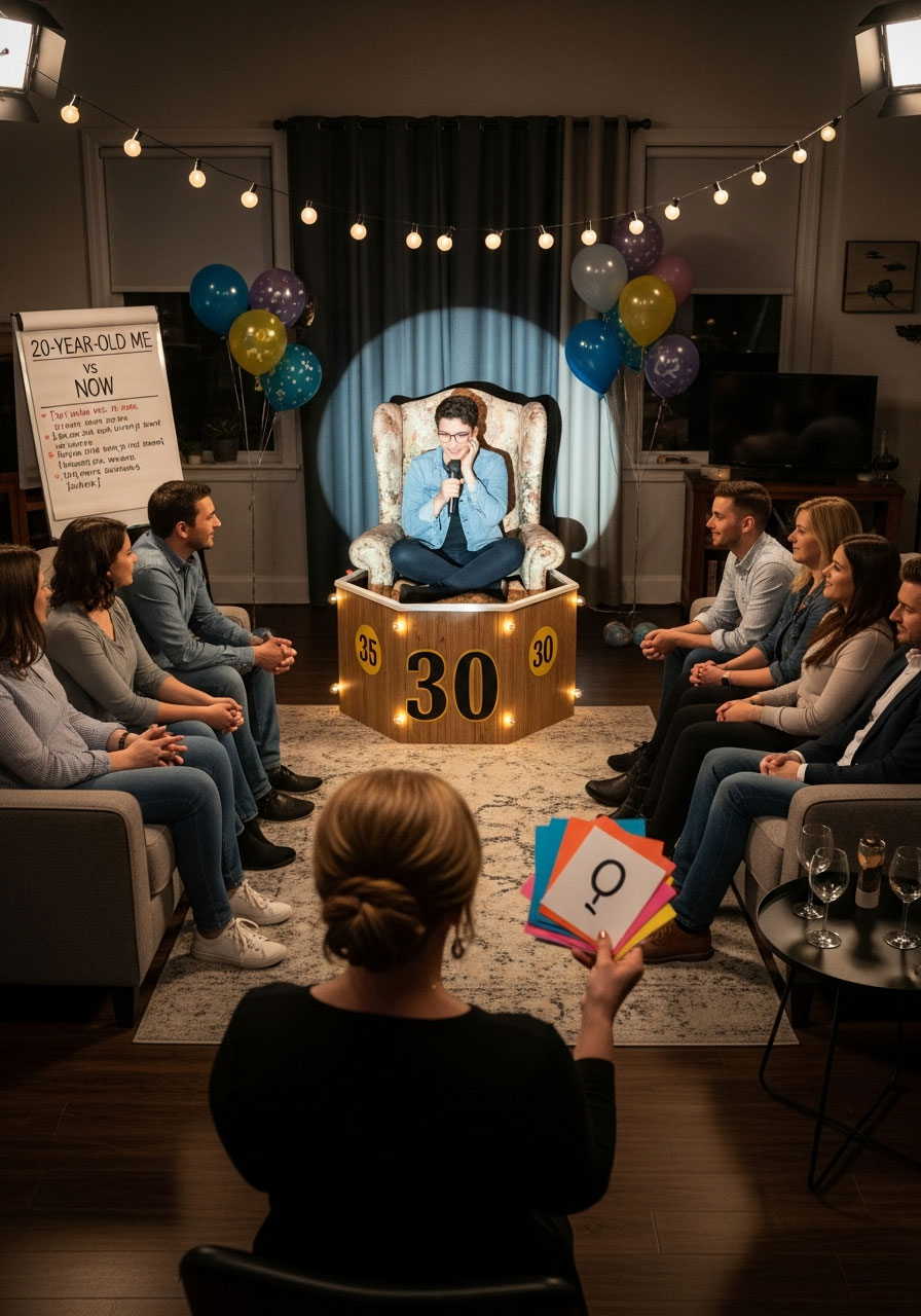 Birthday person in hot seat answering comparison questions at 30th birthday panel game