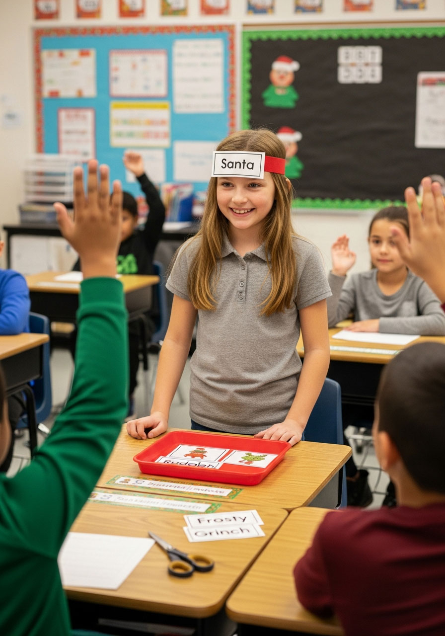 Student wearing a Who Am I Christmas card labeled "Santa" on forehead while classmates answer yes-or-no questions