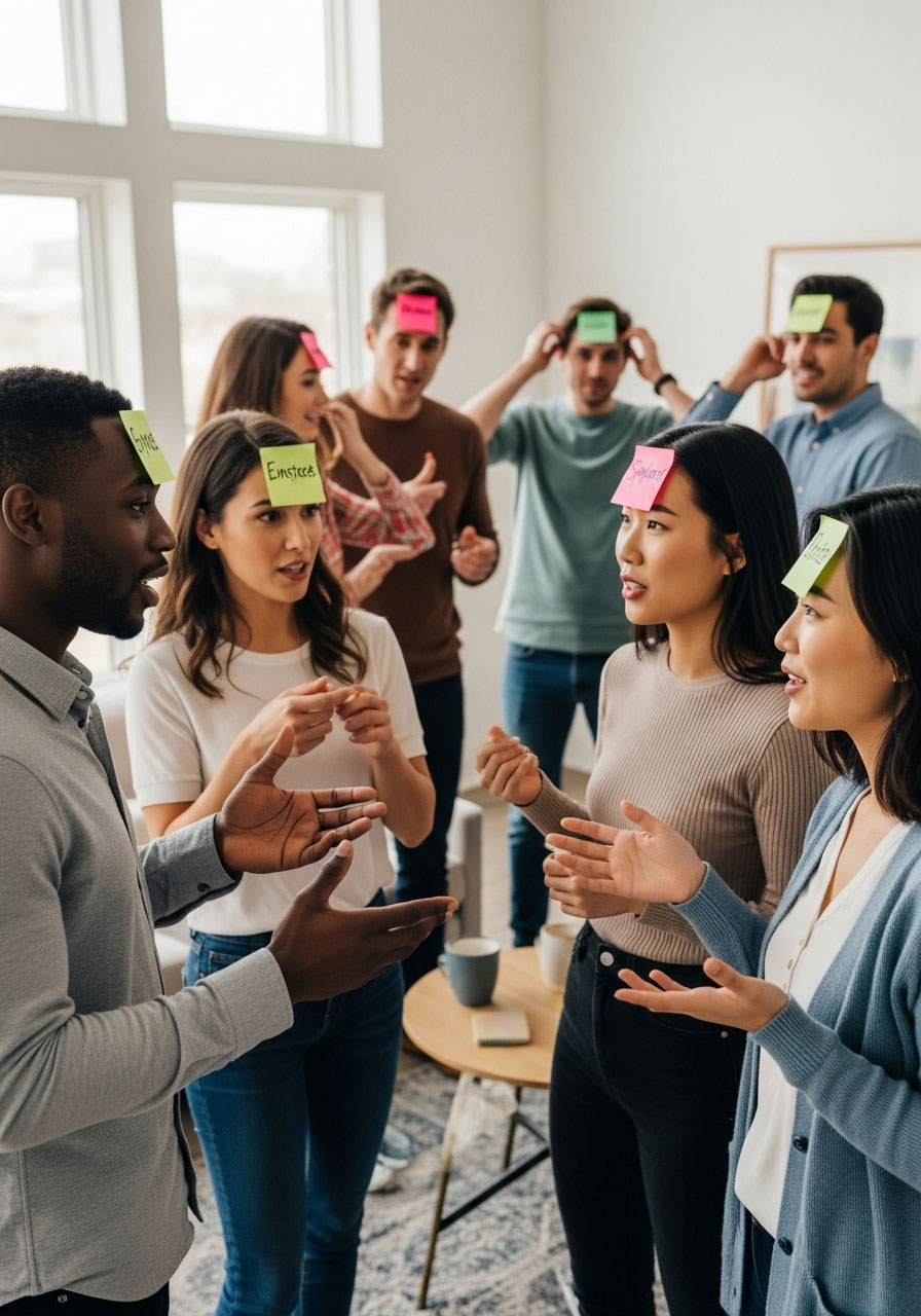 Adults playing Who Am I guessing game with sticky notes on foreheads at birthday party asking yes or no questions