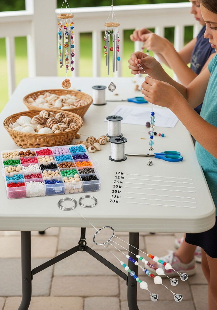 Girl threading colorful beads and shells onto string to create custom wind chime at outdoor party