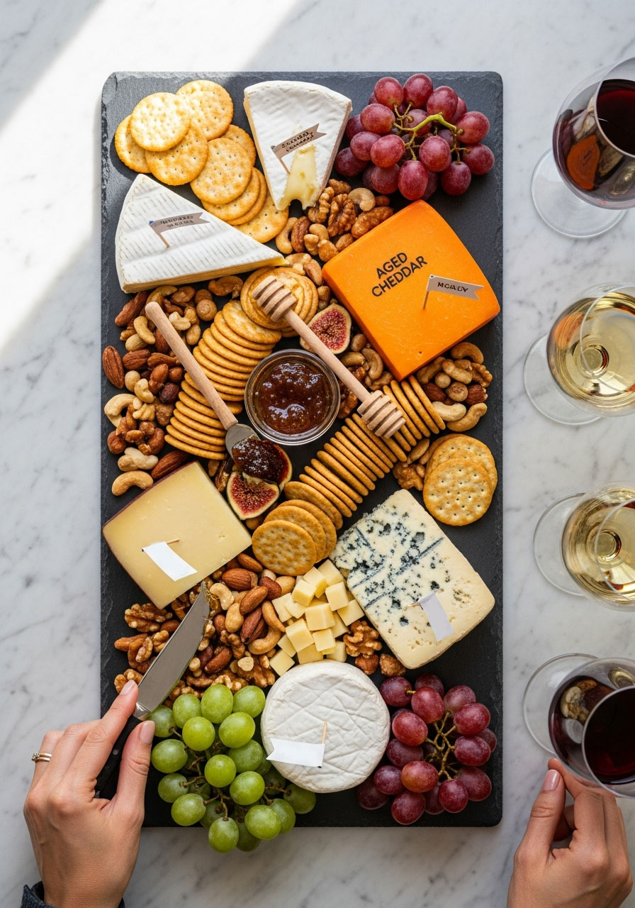 Elegant wine and cheese board featuring five cheese varieties with labels, accompaniments, honey, and wine glasses for sophisticated adult birthday party