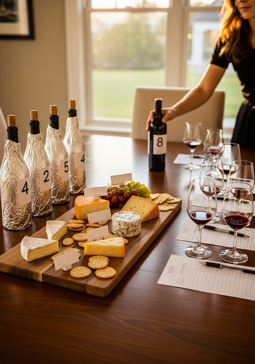 Elegant wine pairing party setup with labeled cheese board, numbered wine bottles for blind tasting, and tasting scorecards for adult birthday celebration