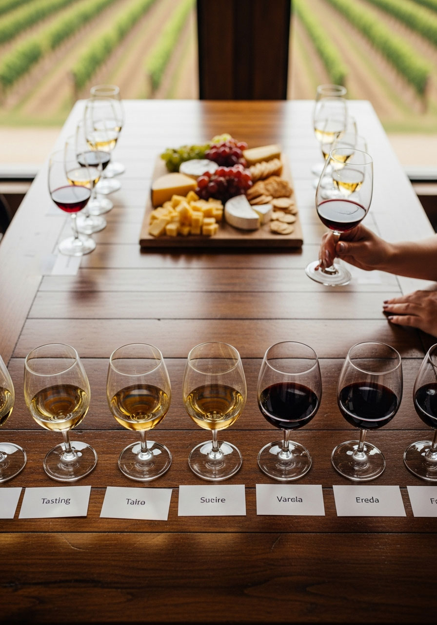 Woman examining wine glass during birthday wine tasting with cheese board at vineyard