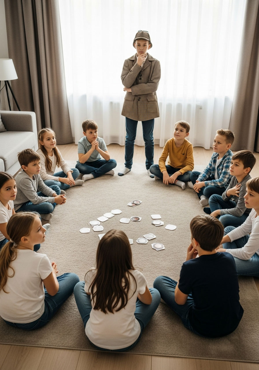 Children sitting in circle playing Wink Assassin detective game with center player and dramatic reactions at indoor birthday party