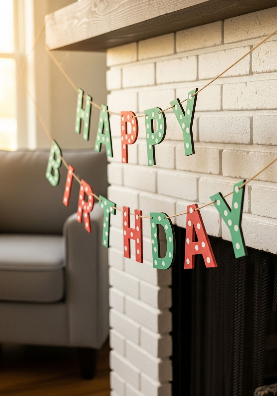 Rustic wooden birthday banner with hand-painted letters in coral and mint green hanging on fireplace mantel - easy DIY party decoration