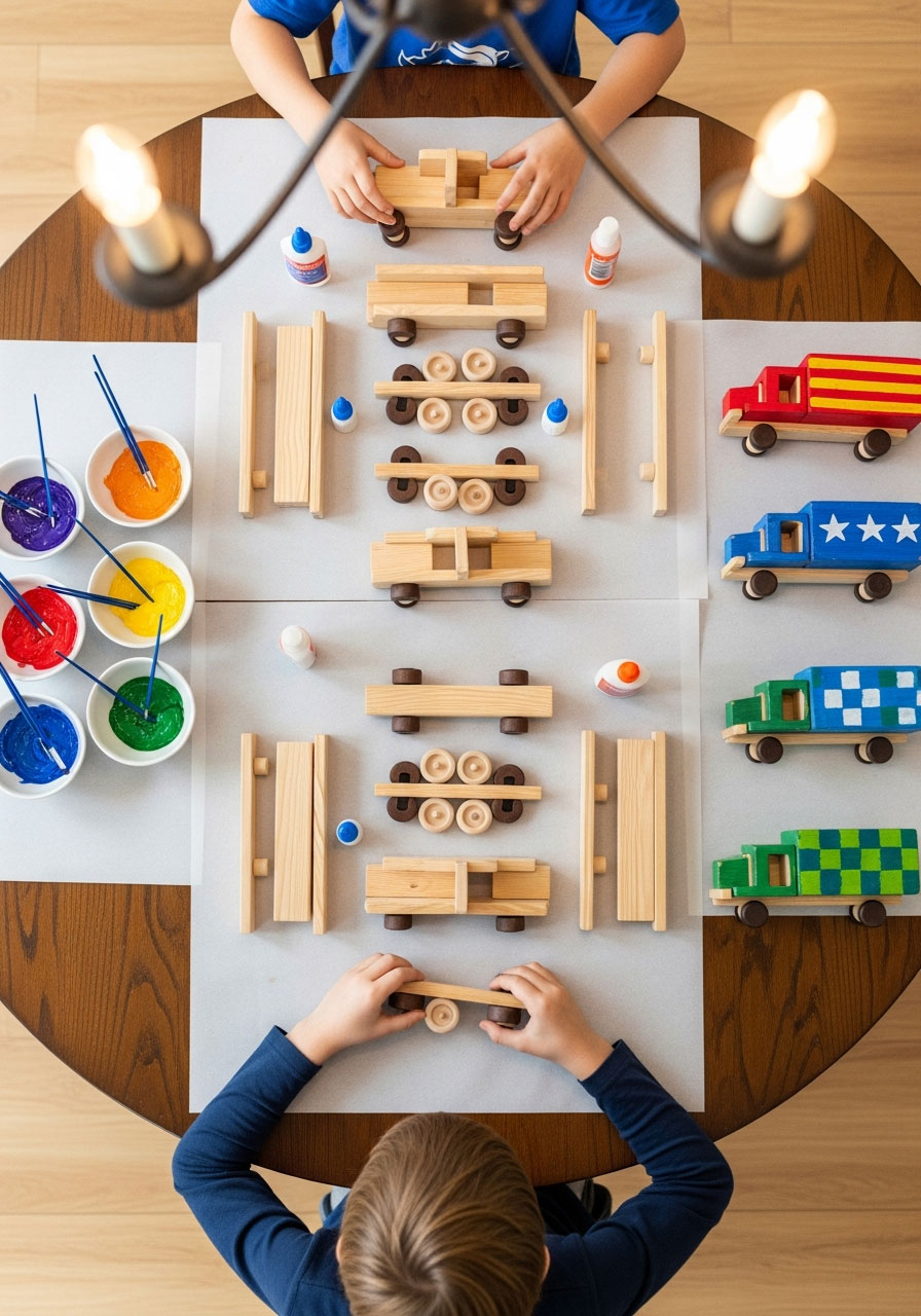 Child assembling wooden toy truck party favor kit with glue and paint supplies at birthday party craft station