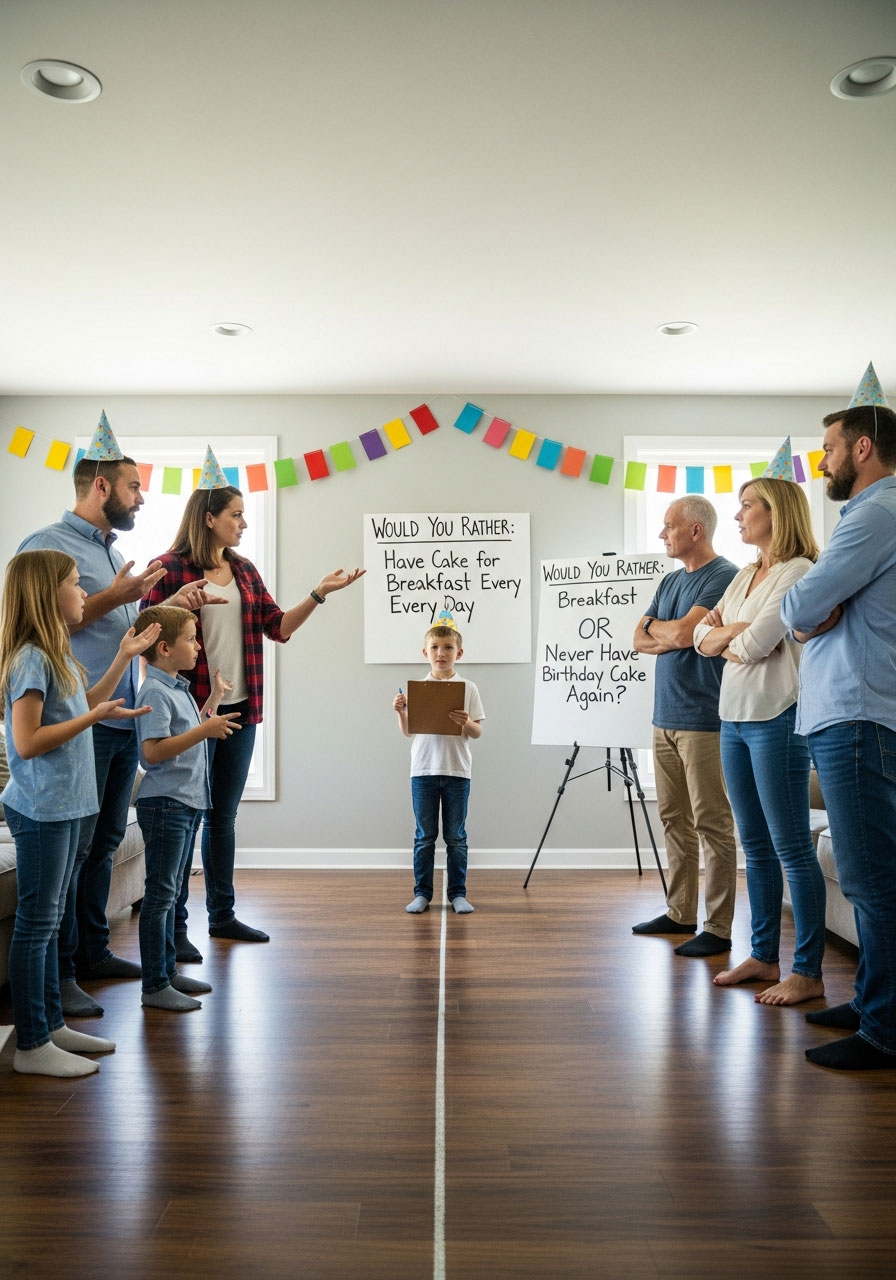 Family divided into two groups debating Would You Rather birthday edition question with birthday child judging in middle