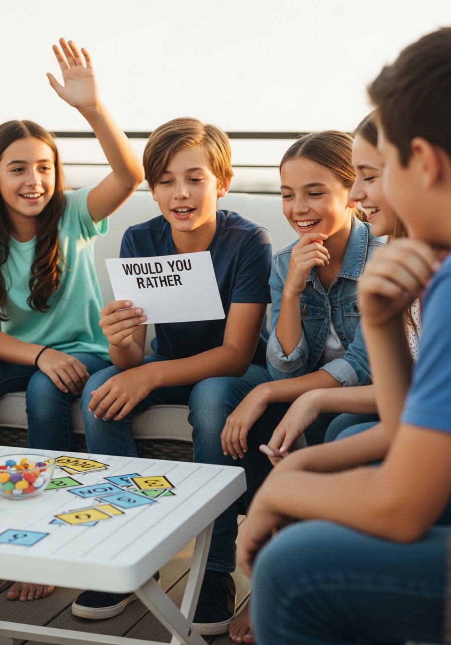 Group of 10-year-olds playing Would You Rather question game sitting on patio furniture discussing fun scenarios