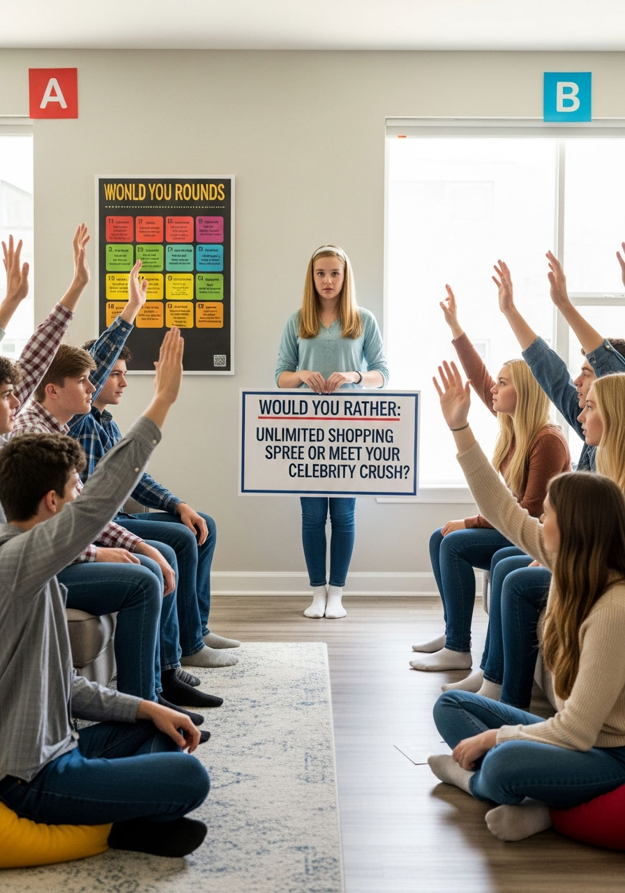 Teenagers voting on Would You Rather questions divided into two sides at Sweet 16 birthday party