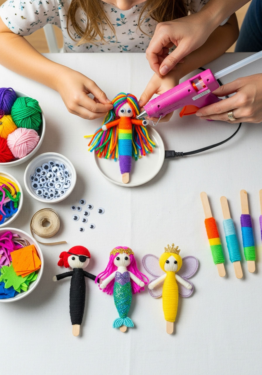 Child using glue gun to create yarn doll party favor with popsicle sticks, googly eyes, and colorful yarn at birthday party