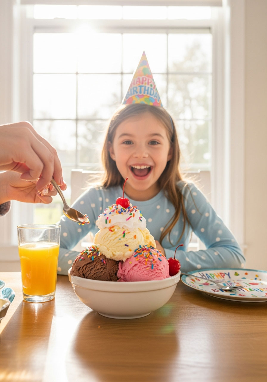 Young girl in party hat eating ice cream sundae for breakfast during Yes Day birthday celebration at kitchen table