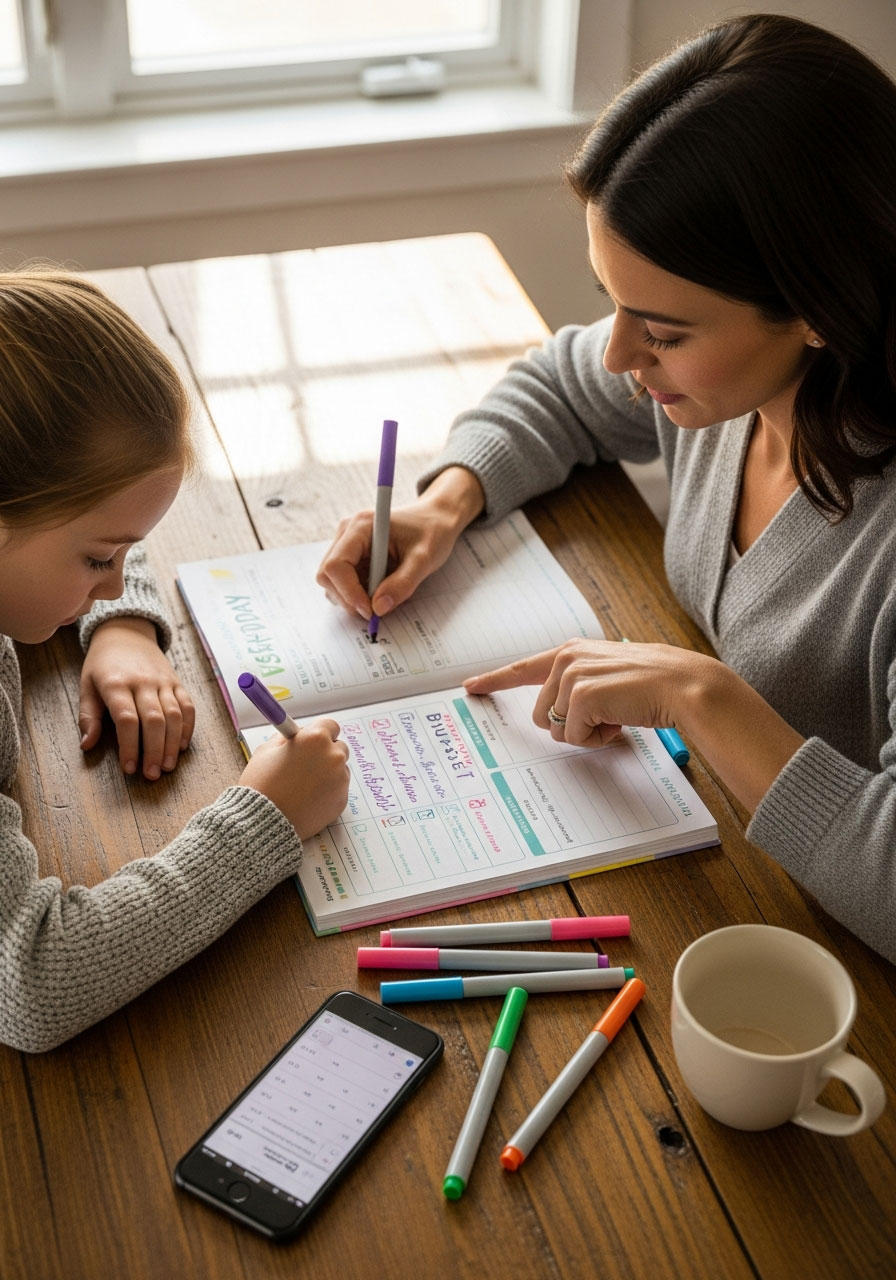 Mother and daughter sitting at kitchen table planning Yes Day birthday activities using printable planner with markers and calculator
