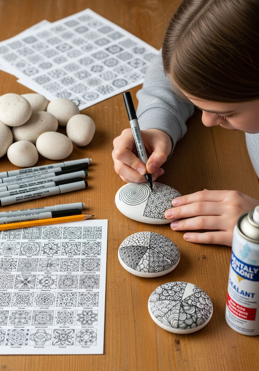Tween drawing intricate zentangle patterns on rock with fine-tip markers at artistic birthday party activity