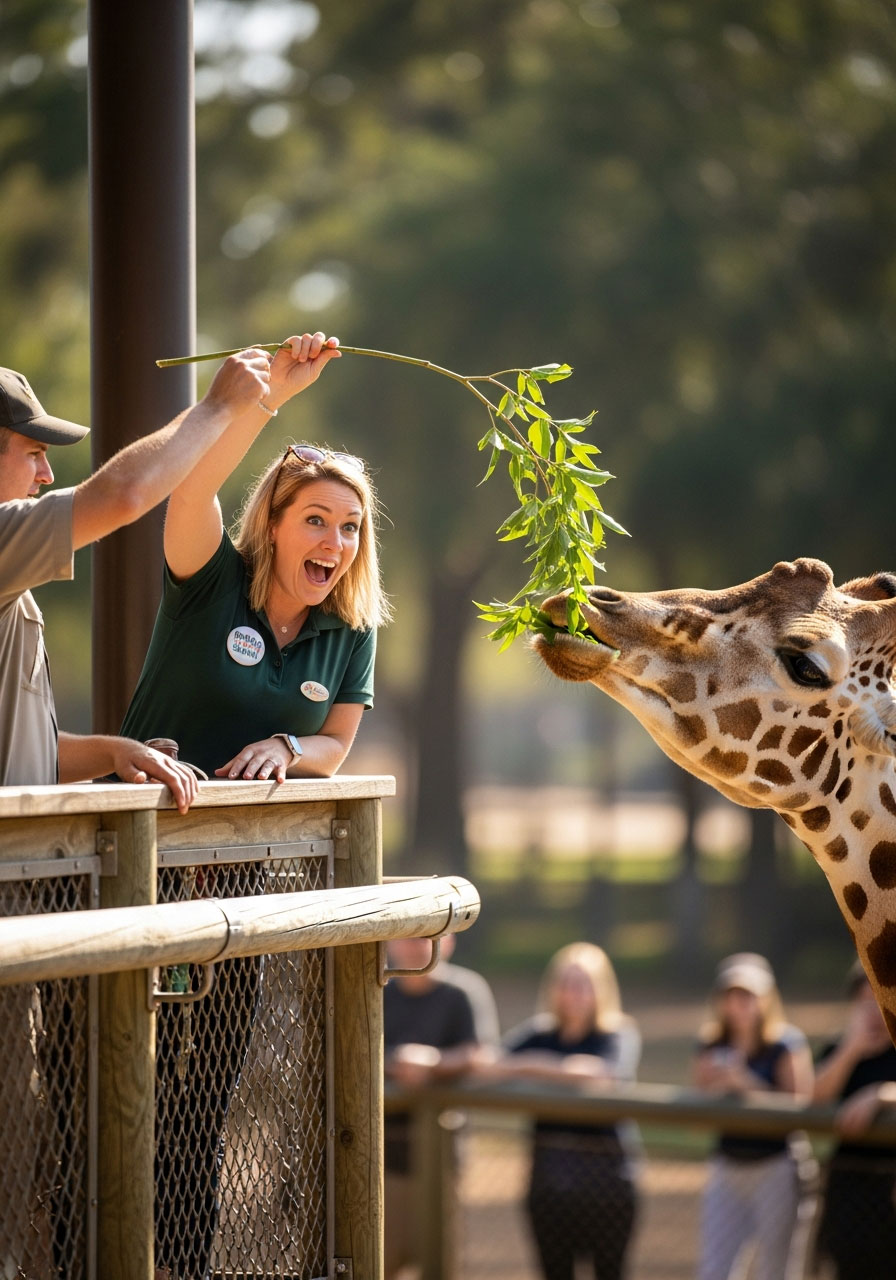 Birthday woman feeding giraffe from elevated platform during special zoo animal encounter