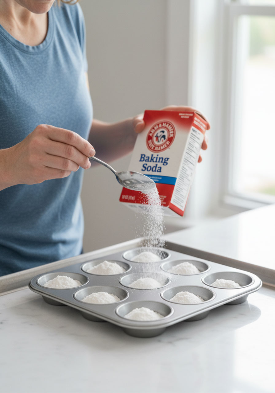 Hand pouring baking soda into muffin tin compartments for vinegar fireworks science experiment setup