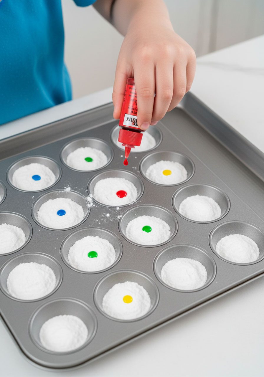 Child adding colorful food coloring drops to baking soda in muffin tin before vinegar reaction for kids science activity