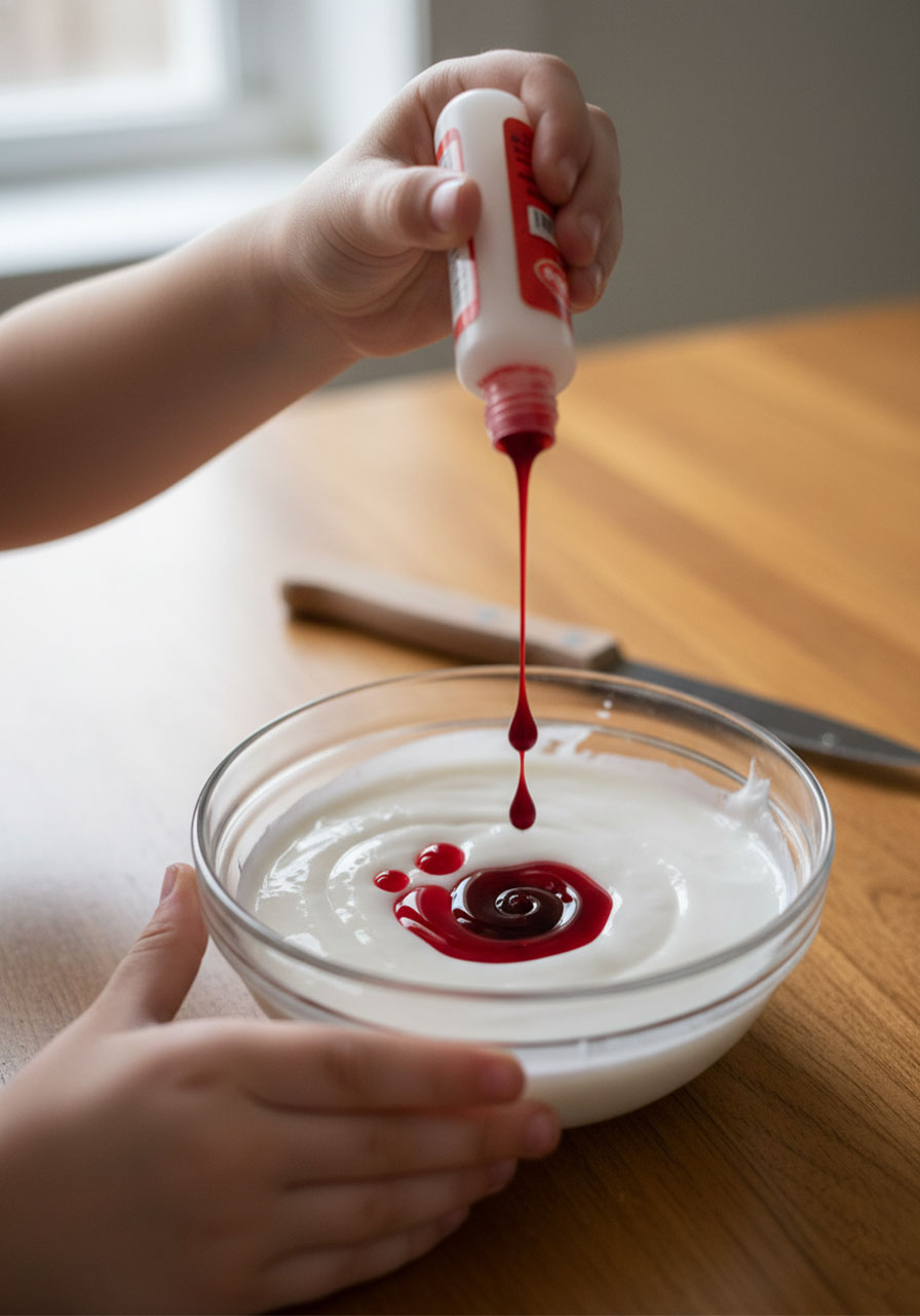 Adding red food coloring drops to white glue mixture for homemade bouncy balls - DIY craft coloring step