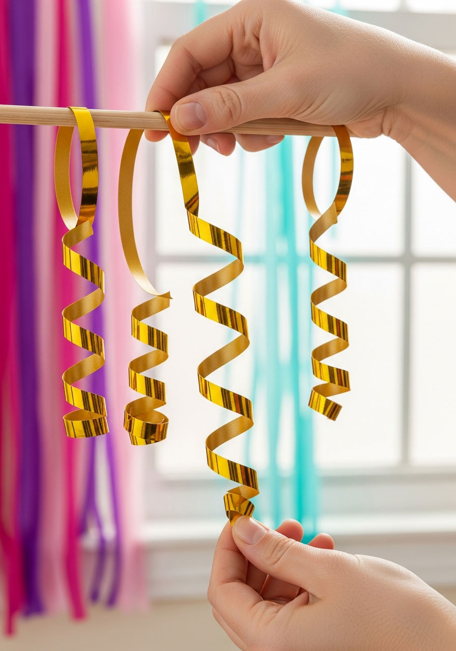 Hands adding gold metallic curling ribbon to crepe paper streamer backdrop showing spiral curl texture