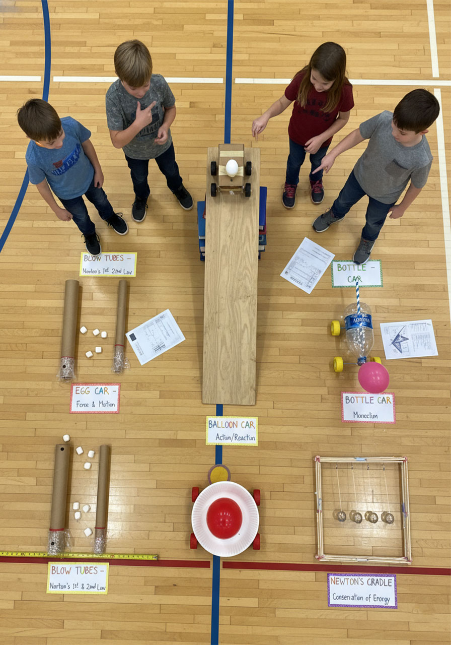 Complete overview of all five hands-on Newton's Laws physics projects for elementary students showing marshmallow tubes egg cars balloon cars and Newton's Cradle