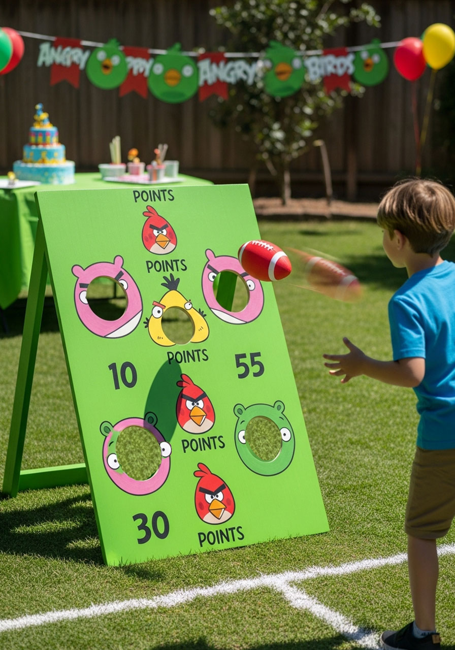 Child throwing football at Angry Birds themed target board with pig faces for outdoor party game