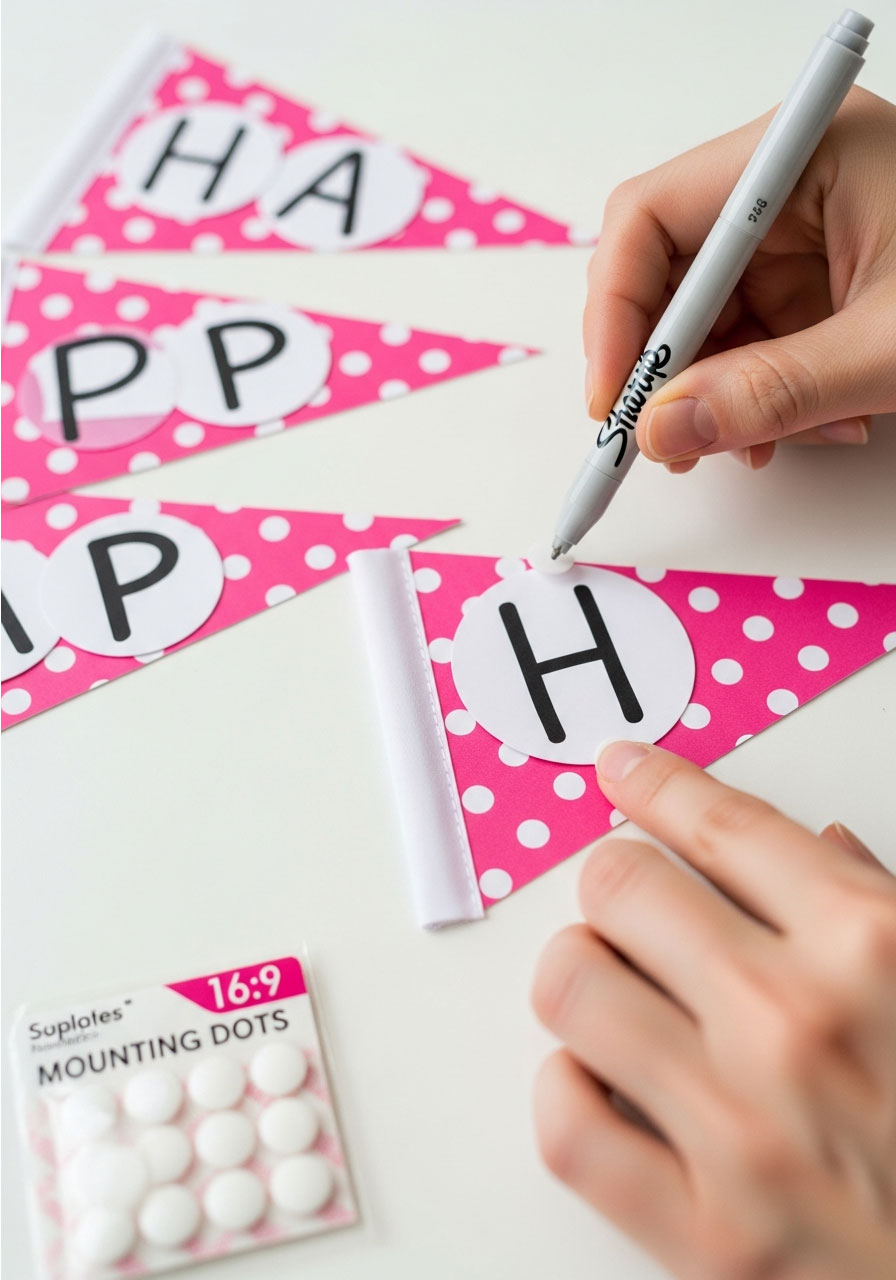 Hands attaching letter circles to patterned flags using adhesive dots for DIY banner