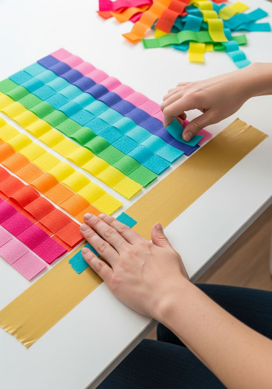 Hands attaching colorful plastic tablecloth strips to duct tape base in rainbow pattern for DIY backdrop
