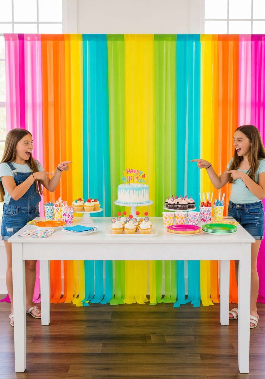 Colorful DIY tablecloth backdrop used as decoration behind white dessert table at birthday party with kids