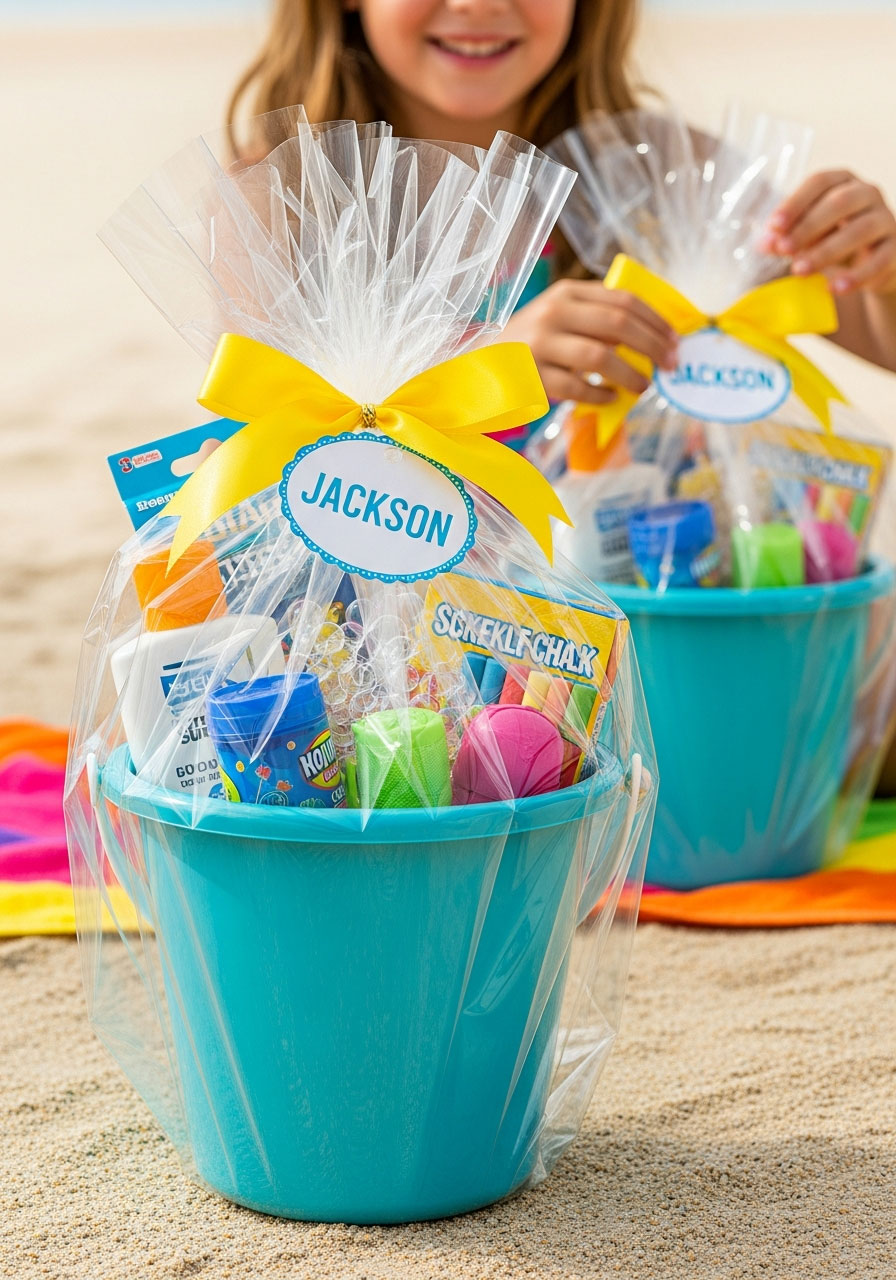 Beach bucket party favor filled with summer toys, sunscreen, and activities for kids