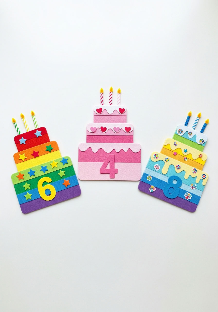 Three different color variations of birthday cake craft showing rainbow, pastel, and alternating color patterns
