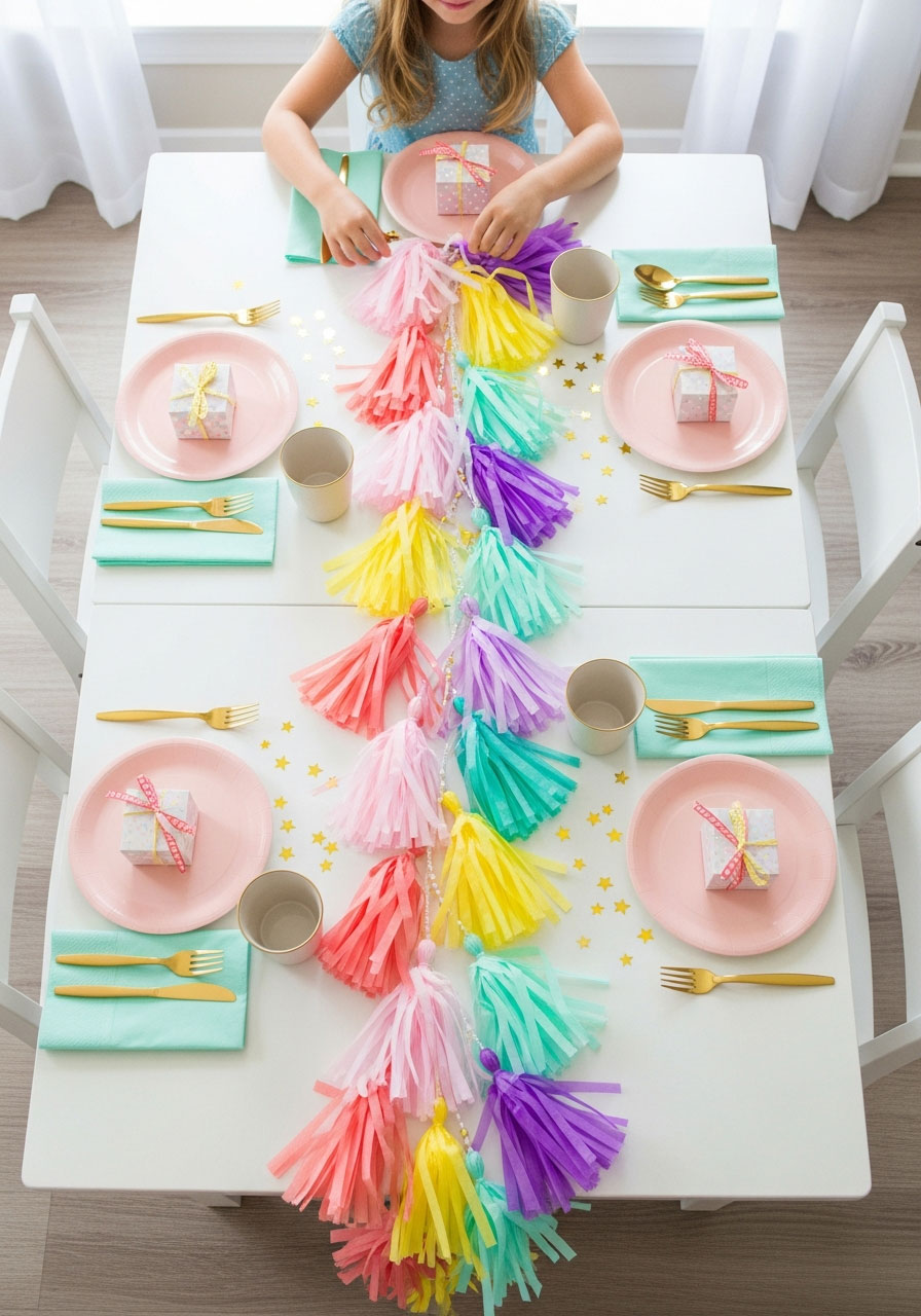 Kids birthday party table decorated with colorful tassel garland runner down the center with coordinating place settings and favor boxes
