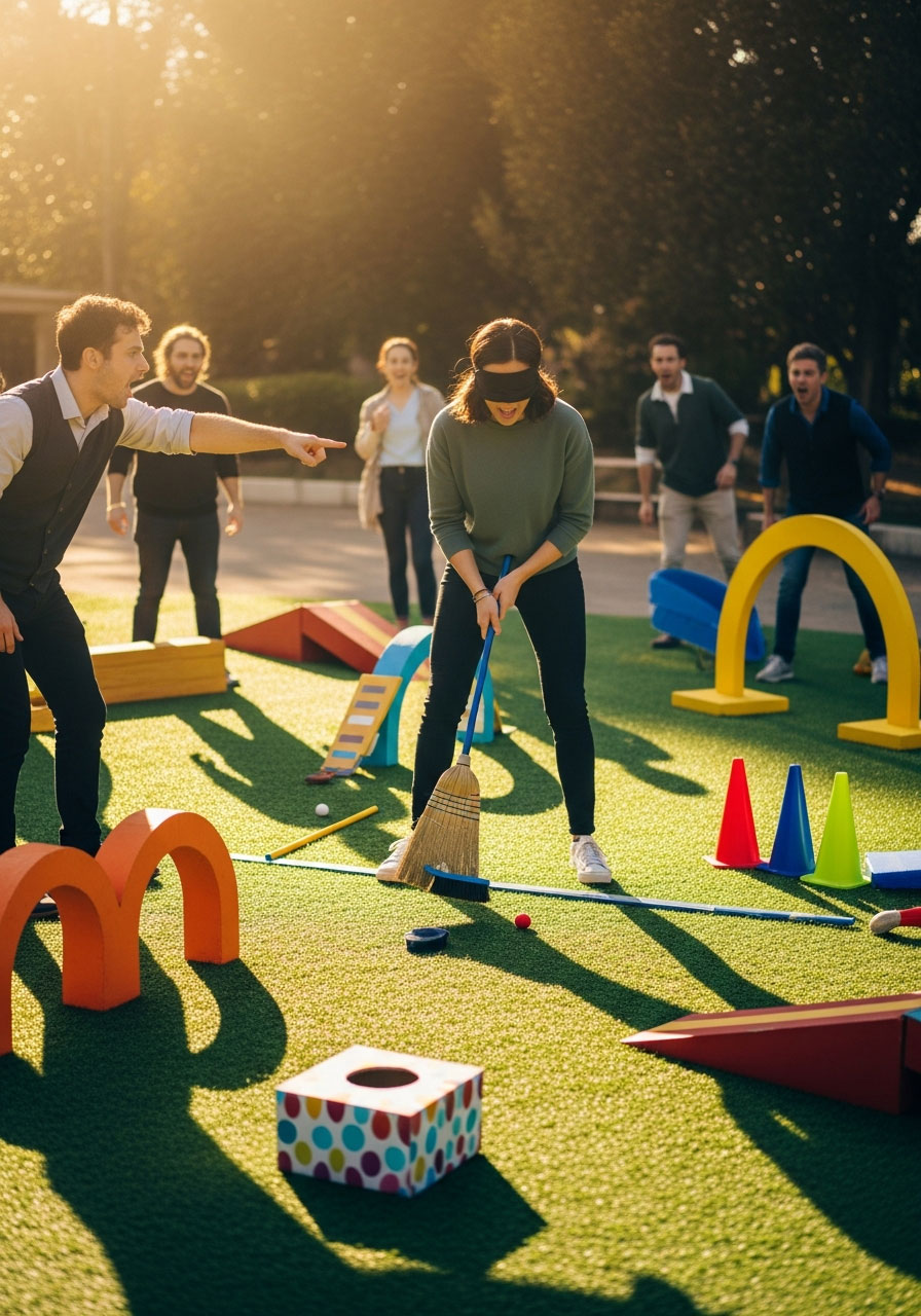 Blindfolded adult putting book through obstacle course in Book Golf team game