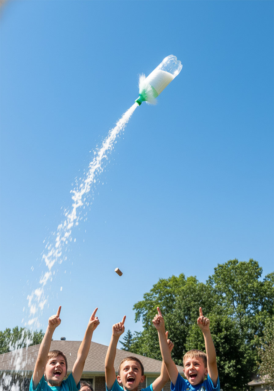 Bottle rocket captured mid-flight at 40-foot peak altitude with kids cheering below demonstrating successful baking soda and vinegar launch