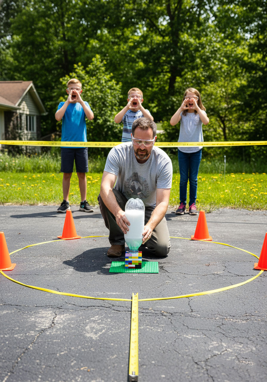 Proper bottle rocket safety setup showing adult supervision, safety glasses, marked distances, and kids standing 15 feet back behind safety line