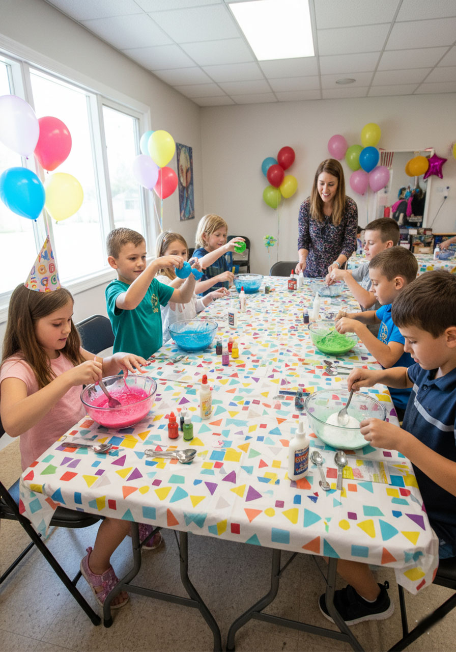 Kids making DIY bouncy balls at birthday party crafting station - fun group science activity and party favor idea