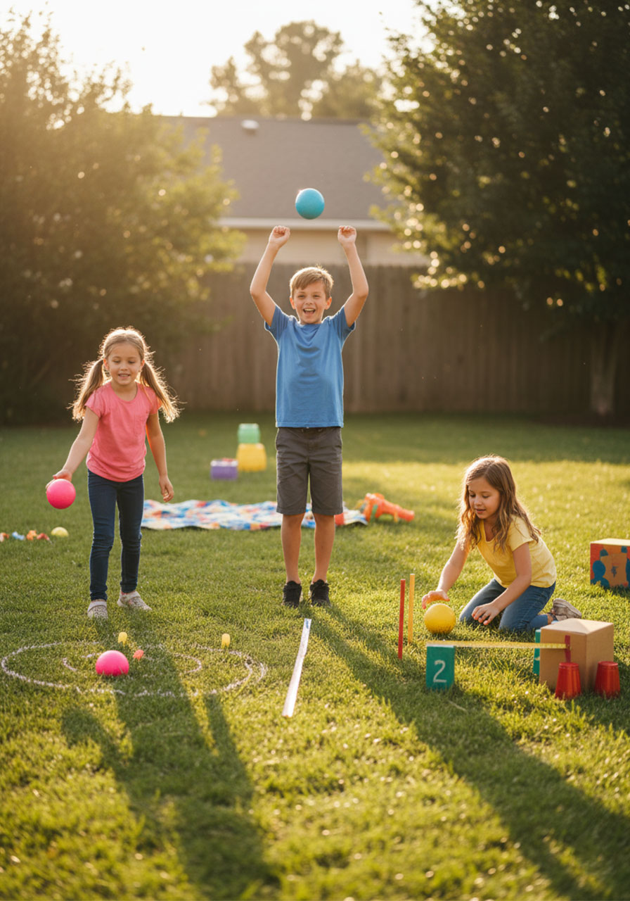 Kids playing bouncy ball Olympics with homemade DIY balls - outdoor competition games and challenge ideas