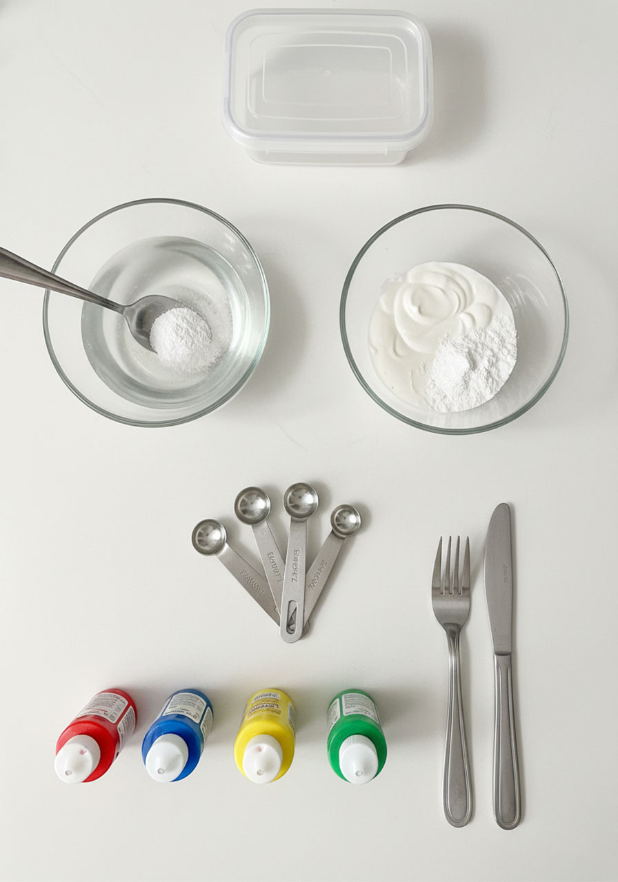 Complete supplies needed to make DIY bouncy balls including borax, glue, cornstarch, food coloring, and measuring tools laid out on counter