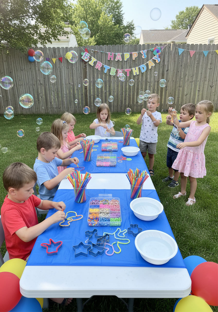 Children enjoying bubble wand making station at outdoor birthday party, some crafting while others blow bubbles
