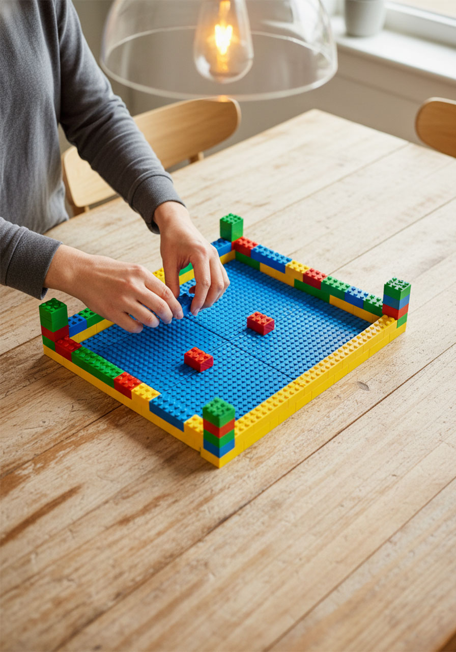 Hands assembling LEGO Plinko board base with baseplates connected and colorful border bricks stacked
