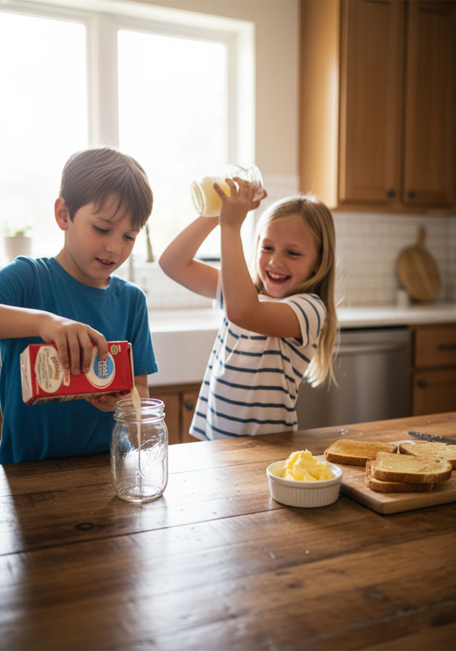 Complete butter-making experiment process showing kids pouring cream, shaking jar, and eating finished homemade butter on toast