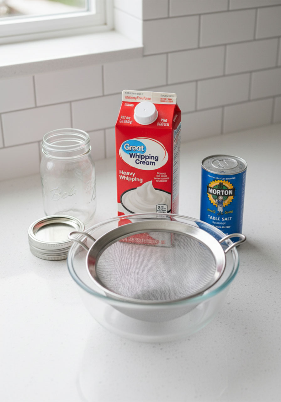 Complete supplies needed for butter science experiment including mason jar, heavy whipping cream, salt, and strainer arranged on kitchen counter