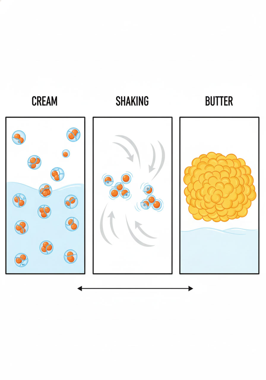 Educational diagram showing how fat molecules in cream transform into butter through shaking in three illustrated stages