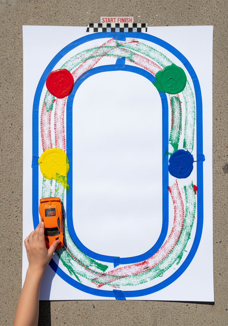 Multiple car painting activity stations set up at outdoor kids birthday party with children creating colorful tire track art