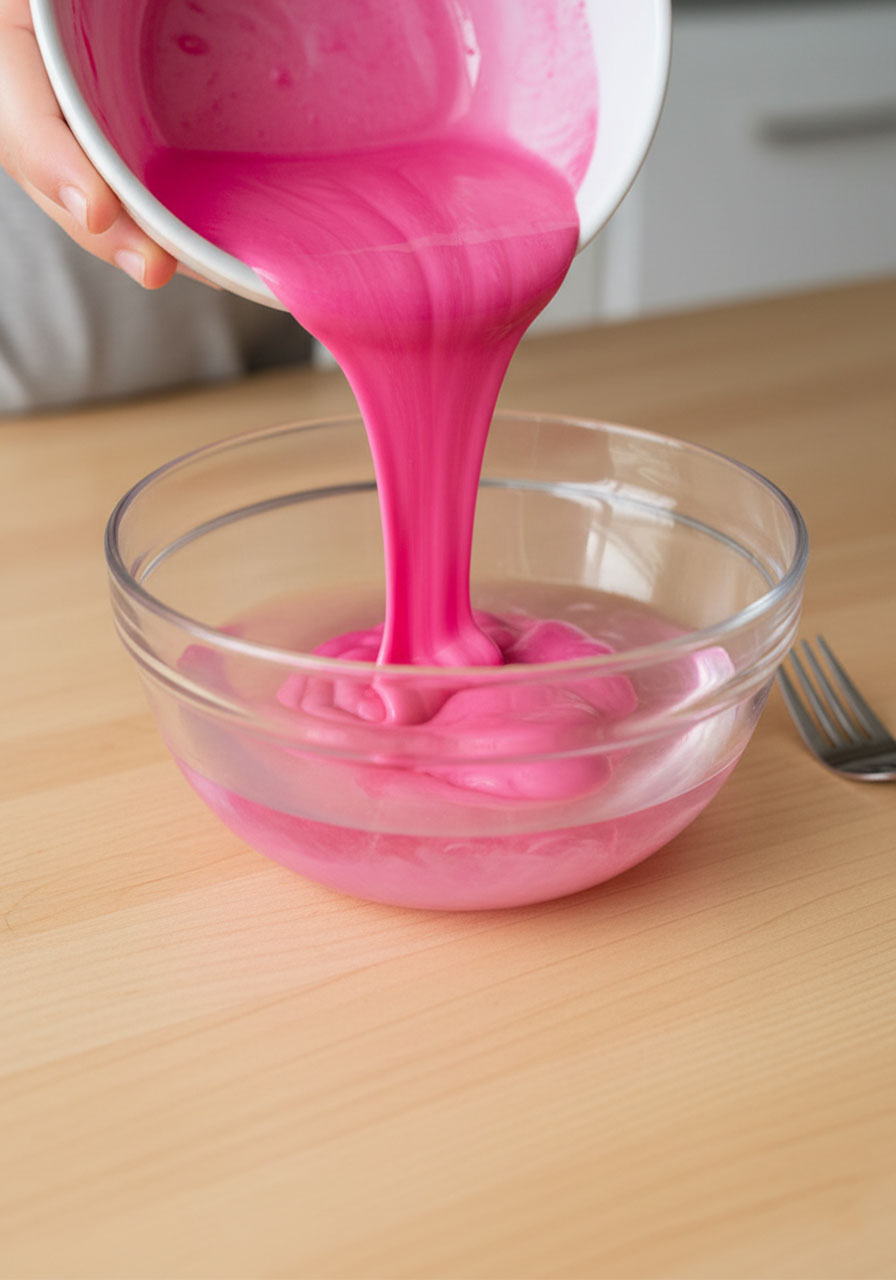 Pink glue mixture transforming into solid polymer when poured into borax water - science behind DIY bouncy balls